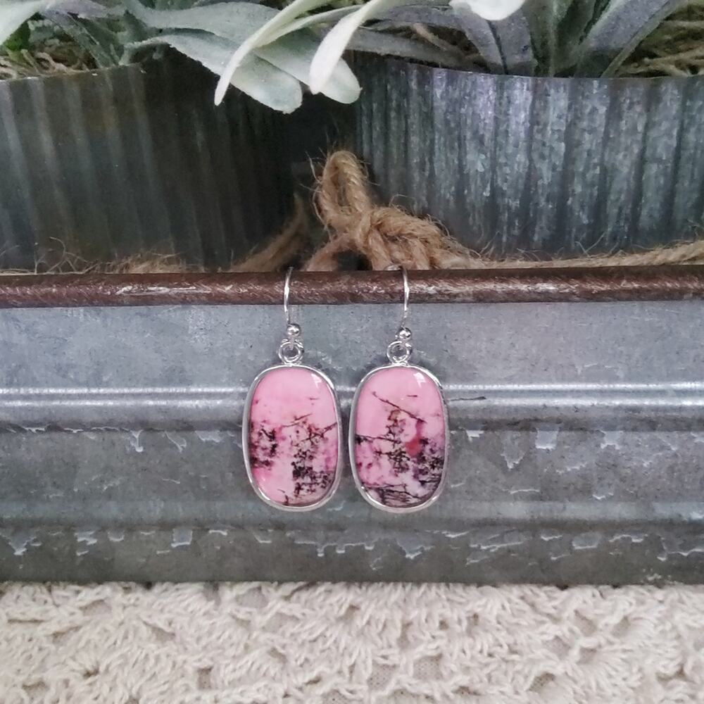 Pink Floral Silver Tone Oval Fishhook Dangle Earrings